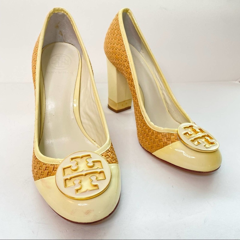 Tory Burch Anna Raffia Logo Woven Patent Leather Pumps Size 8.5
